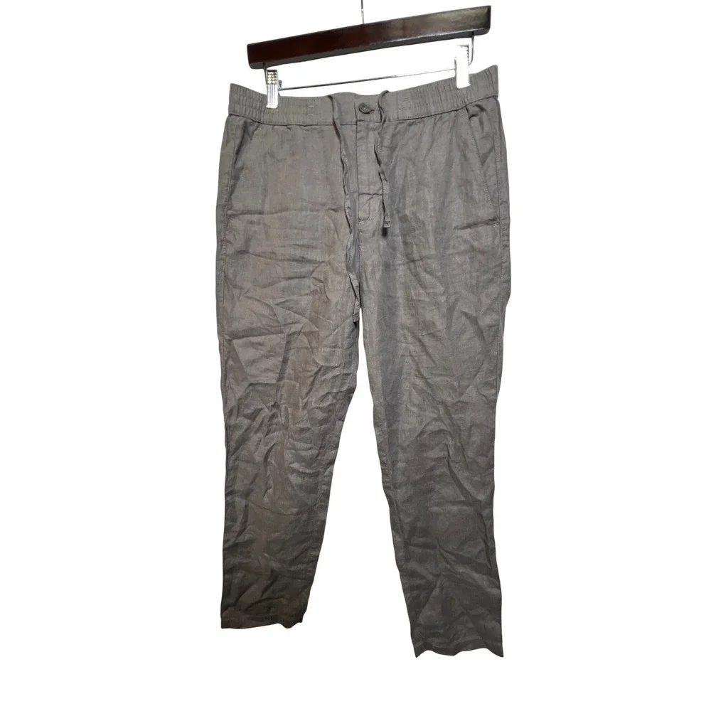 Cottonworld Mens 100% Linen Drawstring Trousers Grey Tapered Pants 32W